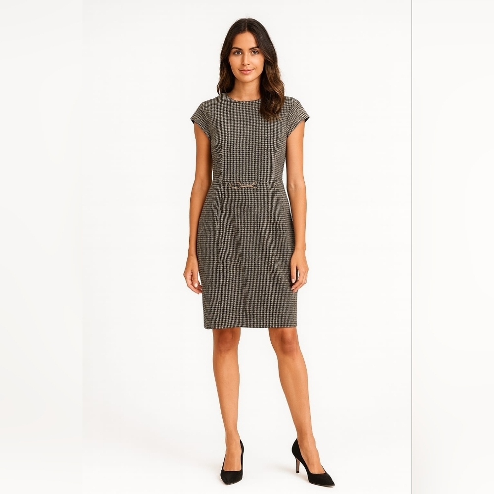 Women's H&M Black Beige Houndstooth Sheath Dress US 8 with Gold Buckle